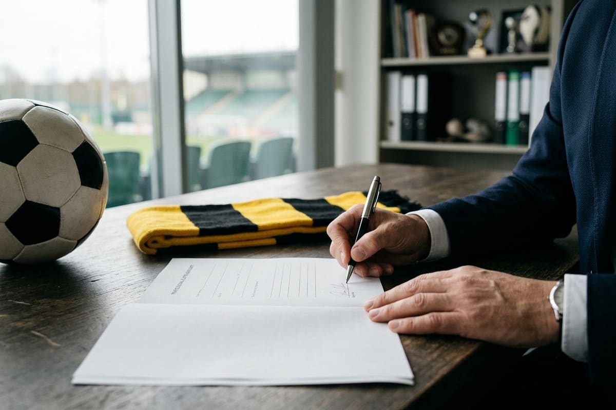 Un stylo et un contrat de transfert prêts à être signés.